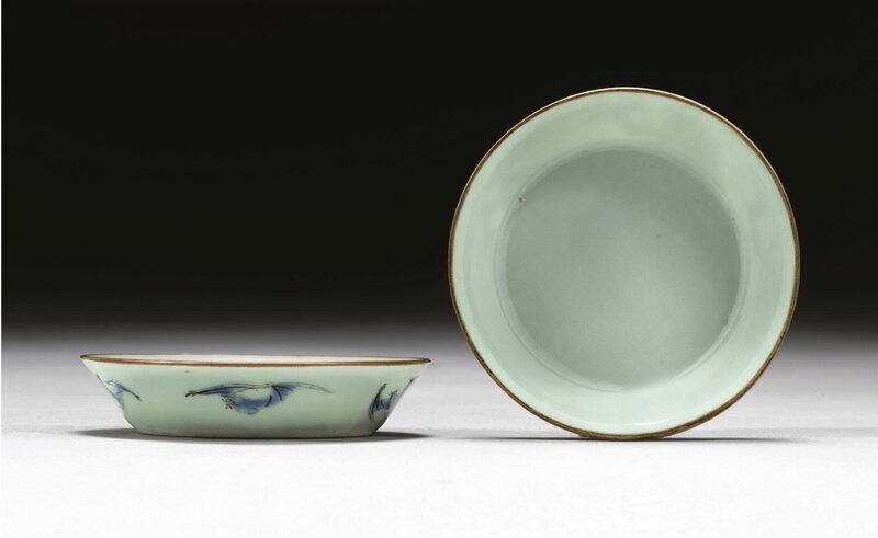 A small pair of celadon-ground 'wu fu' dishes, Qianlong seal mark and period (1736-1795)