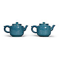 A pair of 'robin's egg'-glazed yixing teapots and covers, late qing dynasty