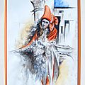 Carnaval de Venise Mystère - Costume tissu orange et satin blanc Aquarelle Ghislaine Letourneur