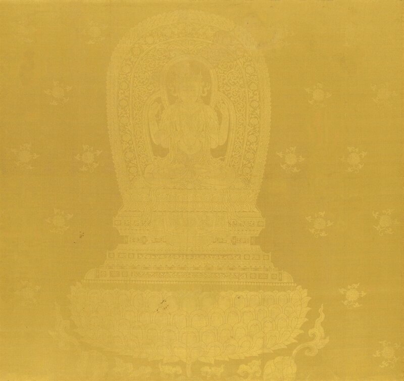A rare imperial yellow silk damask panel of Avalokitesvara, Yongle period (1403-1424)