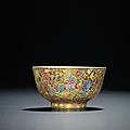 A rare gilt-ground famille rose millefleurs bowl, qing dynasty, 18th-early 19th century, blue-enamelled caixiutang zhi hall mark