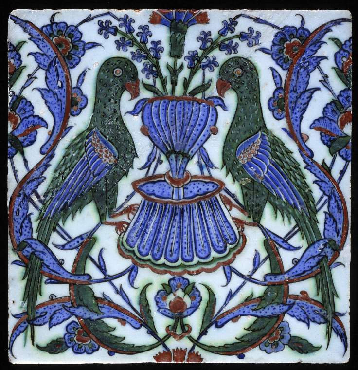 A Highly Rare Polychrome Iznik Tile With Confronted Birds Turkey